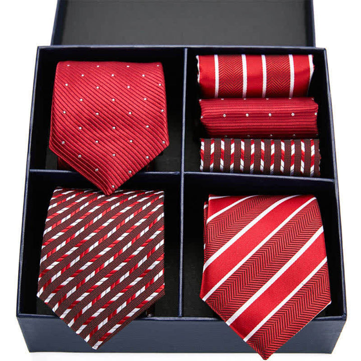 6-teiliges Herren-Krawatten- und Einstecktuch-Set mit roten Punkten und Streifen in Geschenkbox