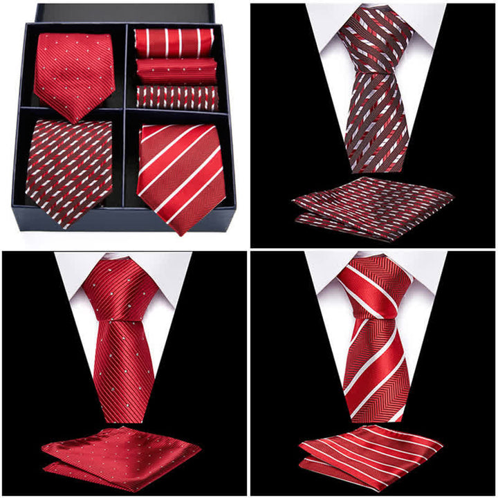 6-teiliges Herren-Krawatten- und Einstecktuch-Set mit roten Punkten und Streifen in Geschenkbox