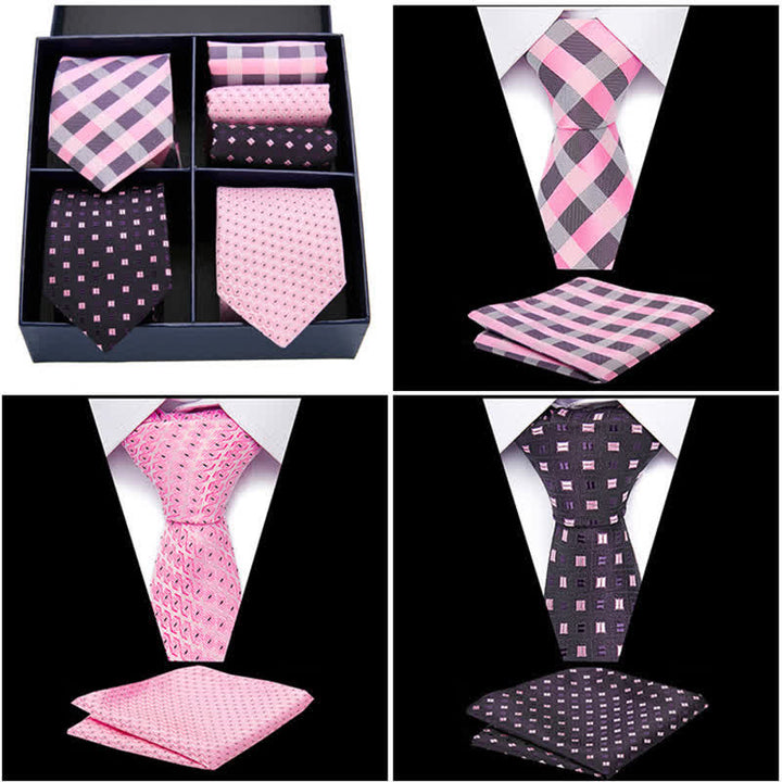 6-teiliges Herren-Krawatten- und Einstecktuch-Set in Rosa und Schwarz mit Punkten und Streifen, Geschenkbox