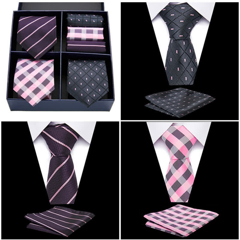6-teiliges Herren-Krawatten- und Einstecktuch-Set in Rosa und Schwarz mit Punkten und Streifen, Geschenkbox
