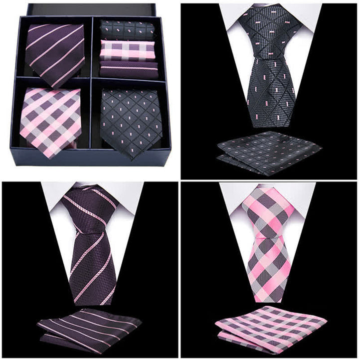 6-teiliges Herren-Krawatten- und Einstecktuch-Set in Rosa und Schwarz mit Punkten und Streifen, Geschenkbox
