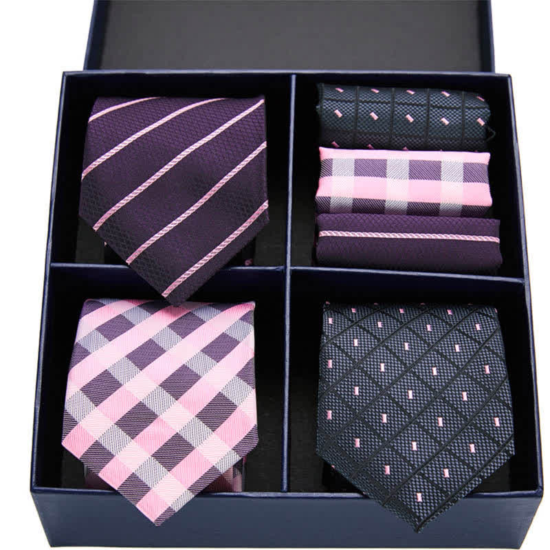 6-teiliges Herren-Krawatten- und Einstecktuch-Set in Rosa und Schwarz mit Punkten und Streifen, Geschenkbox