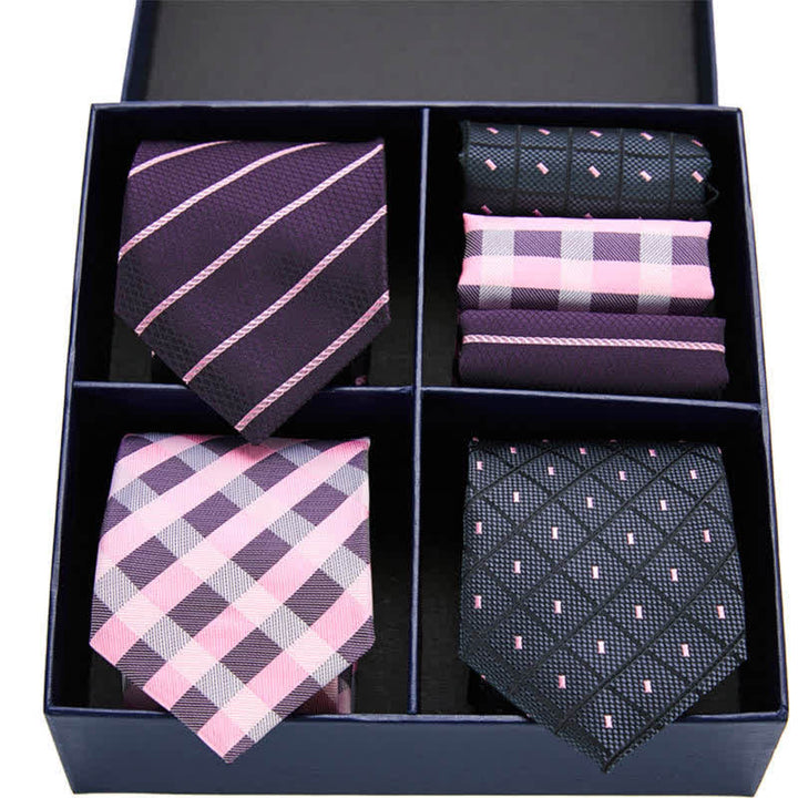 6-teiliges Herren-Krawatten- und Einstecktuch-Set in Rosa und Schwarz mit Punkten und Streifen, Geschenkbox