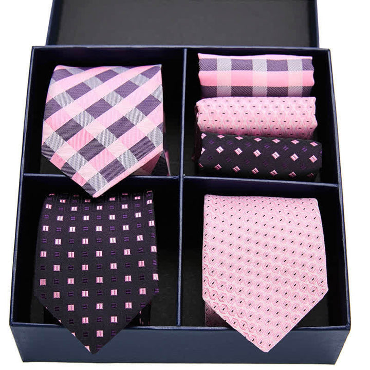 6-teiliges Herren-Krawatten- und Einstecktuch-Set in Rosa und Schwarz mit Punkten und Streifen, Geschenkbox