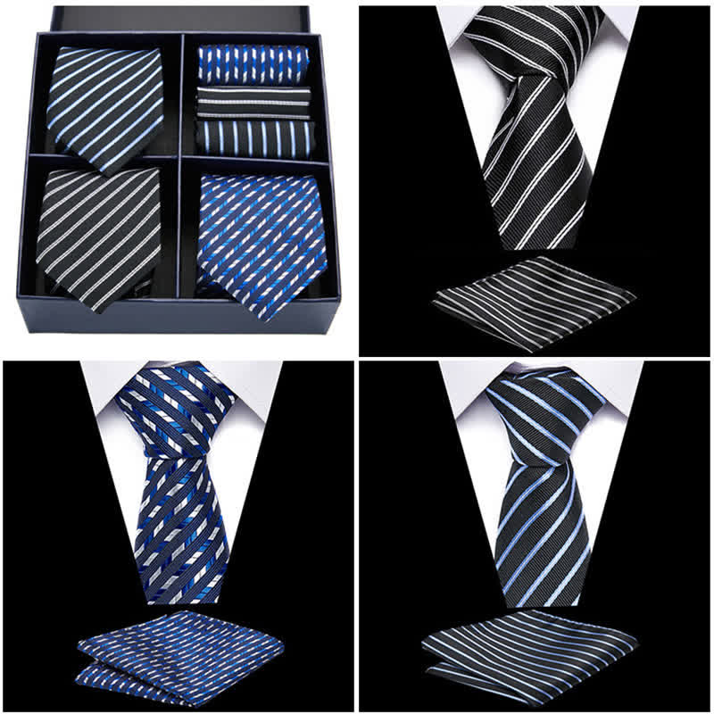 6-teiliges Herren-Krawatten- und Einstecktuch-Set in Blau und Schwarz, Geschenkbox