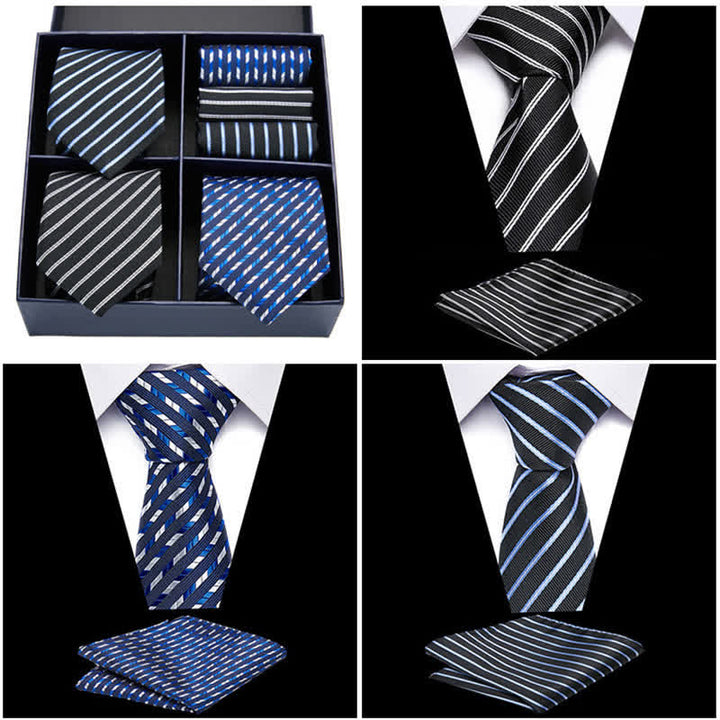6-teiliges Herren-Krawatten- und Einstecktuch-Set in Blau und Schwarz, Geschenkbox