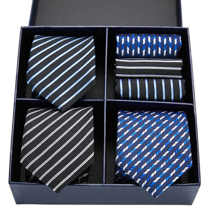 6-teiliges Herren-Krawatten- und Einstecktuch-Set in Blau und Schwarz, Geschenkbox