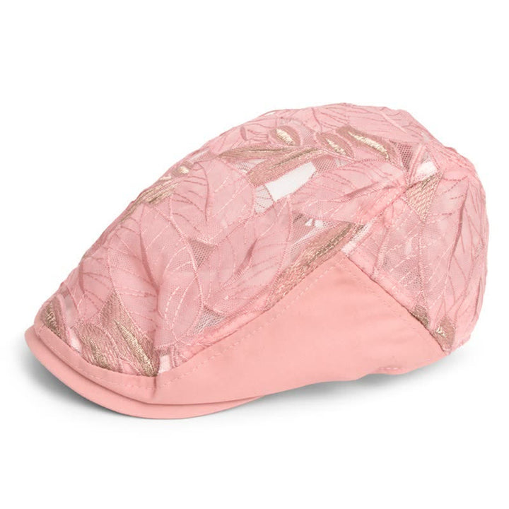 Baskenmütze aus Mesh mit Blätterstickerei für Damen