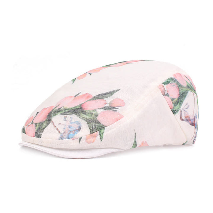 Stilvolle Baskenmütze aus ausgehöhltem Netzgewebe mit Blumenmuster für Damen