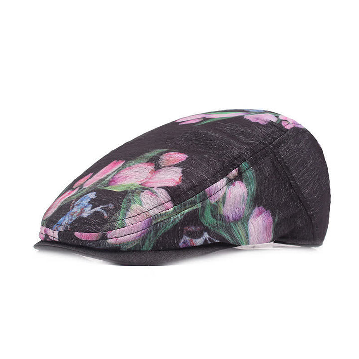 Stilvolle Baskenmütze aus ausgehöhltem Netzgewebe mit Blumenmuster für Damen