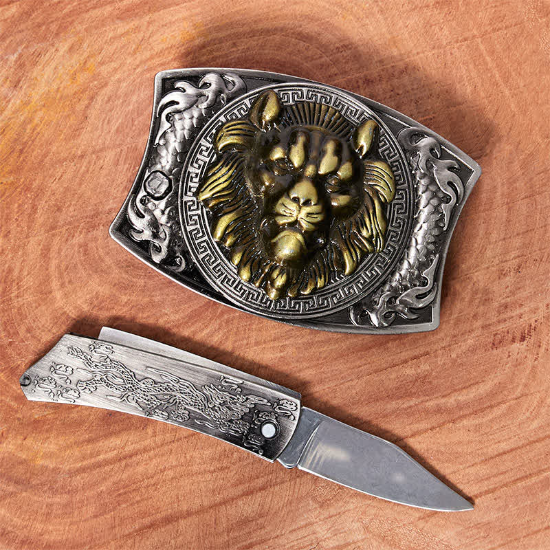 DIY-Ledergürtel für Herren mit verstecktem Klappmesser und goldenem Löwenmotiv