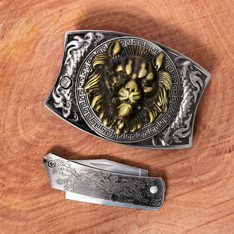 DIY-Ledergürtel für Herren mit verstecktem Klappmesser und goldenem Löwenmotiv