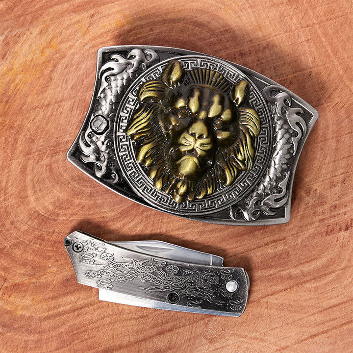 DIY-Ledergürtel für Herren mit verstecktem Klappmesser und goldenem Löwenmotiv