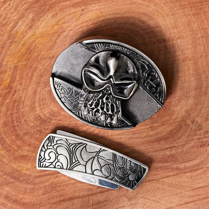 Herren DIY Totenkopf-Ledergürtel mit verstecktem Klappmesser