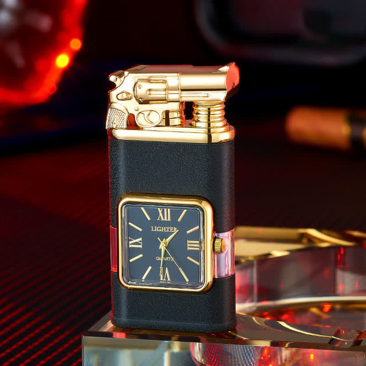 Nachfüllbares Butanfeuerzeug mit Doppelflamme und Uhr im Guns Design
