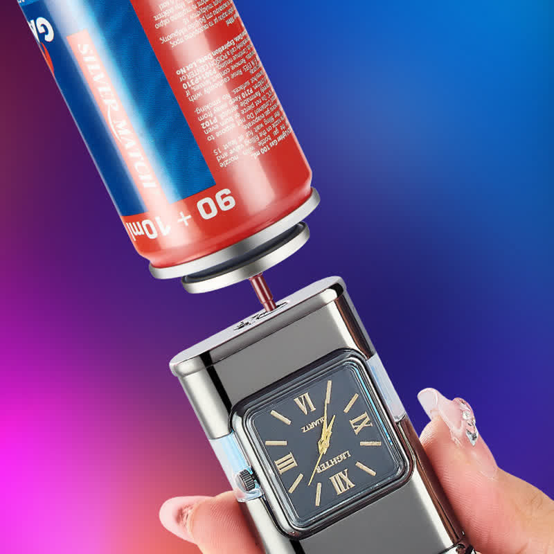 Nachfüllbares Butanfeuerzeug mit Doppelflamme und Uhr im Guns Design
