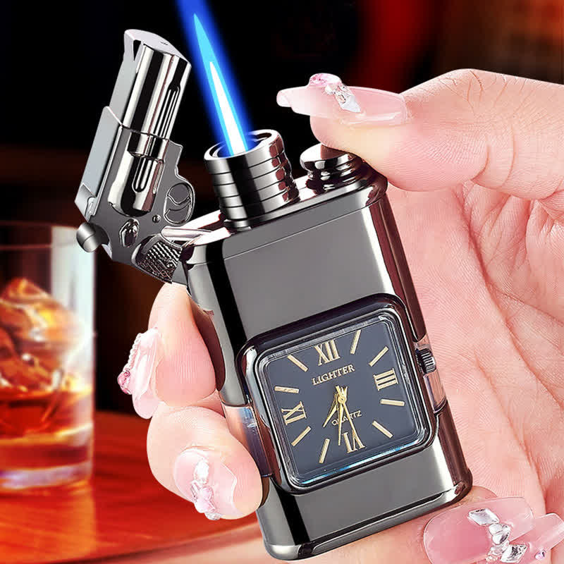 Nachfüllbares Butanfeuerzeug mit Doppelflamme und Uhr im Guns Design