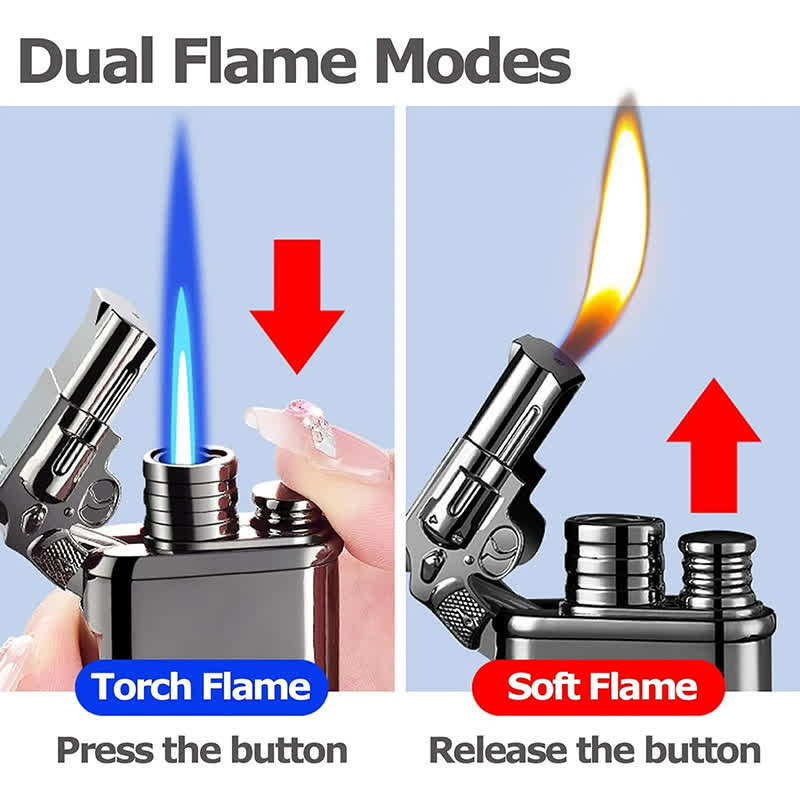 Nachfüllbares Butanfeuerzeug mit Doppelflamme und Uhr im Guns Design