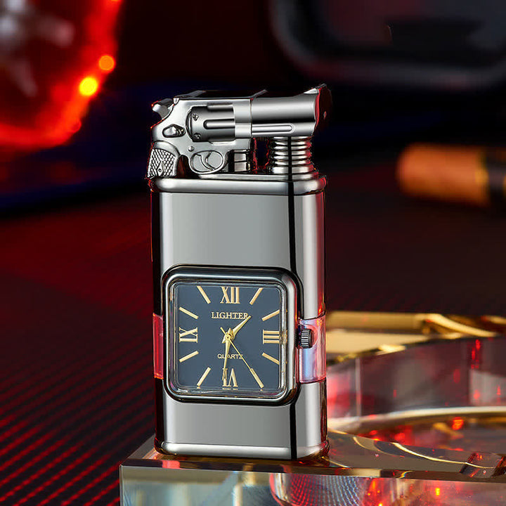 Nachfüllbares Butanfeuerzeug mit Doppelflamme und Uhr im Guns Design