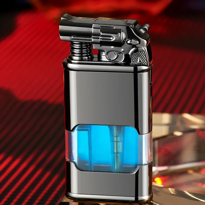 Nachfüllbares Butanfeuerzeug mit Doppelflamme und Uhr im Guns Design