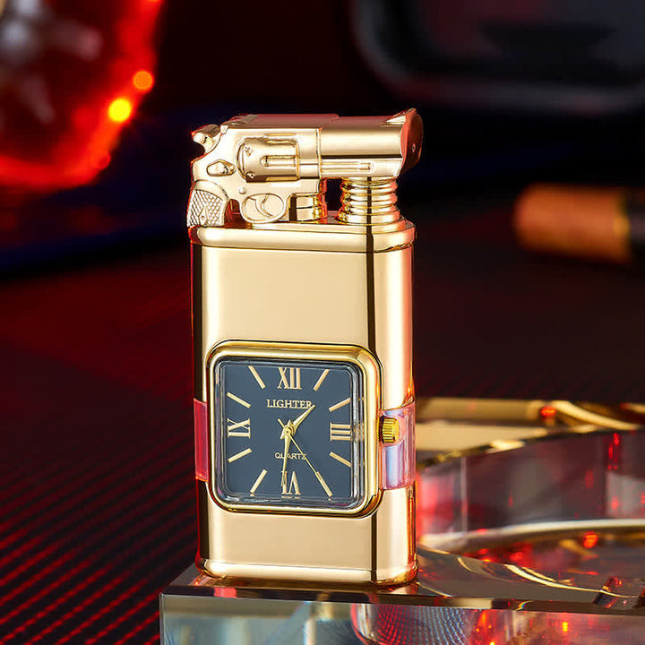 Nachfüllbares Butanfeuerzeug mit Doppelflamme und Uhr im Guns Design