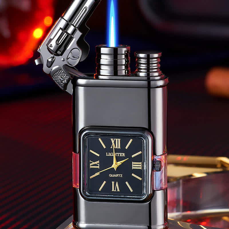 Nachfüllbares Butanfeuerzeug mit Doppelflamme und Uhr im Guns Design