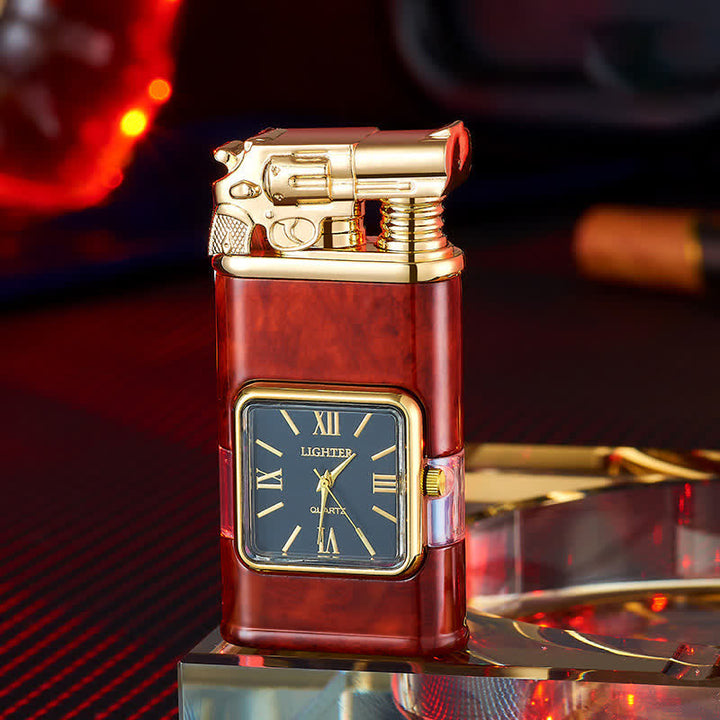 Nachfüllbares Butanfeuerzeug mit Doppelflamme und Uhr im Guns Design