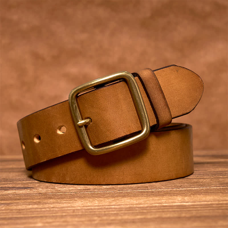 Schlichter, schicker Vintage-Ledergürtel mit quadratischer Messingschnalle - Gelblich-Braun - 44 - image 0