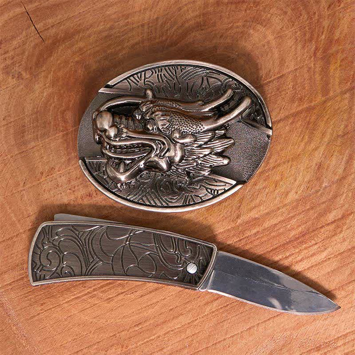 Herren DIY Drachenkopf verstecktes Klappmesser Ledergürtel