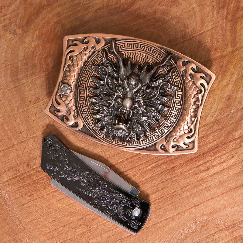 Herren DIY Rot Bronze Drache Verstecktes Klappmesser Ledergürtel