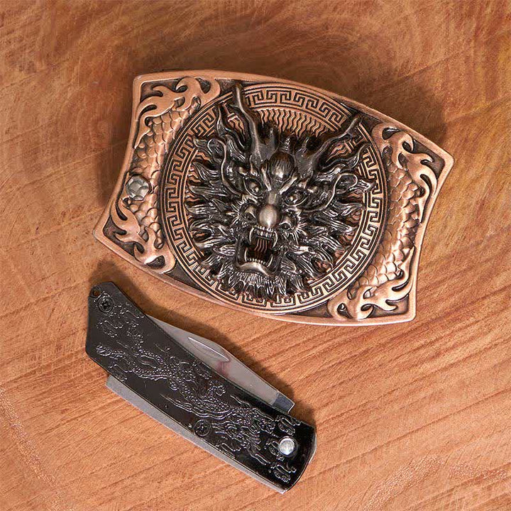 Herren DIY Rot Bronze Drache Verstecktes Klappmesser Ledergürtel