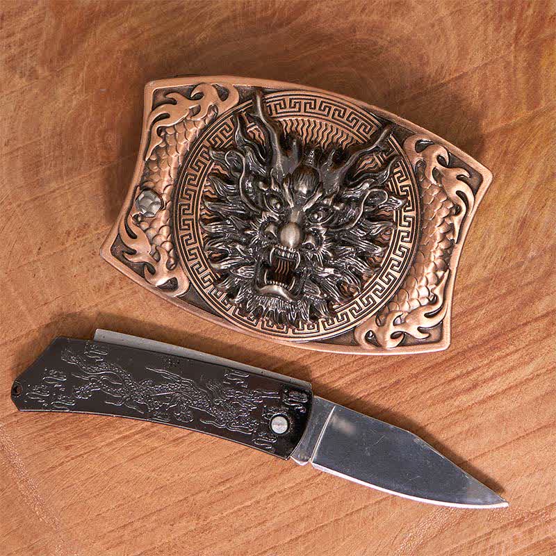 Herren DIY Rot Bronze Drache Verstecktes Klappmesser Ledergürtel