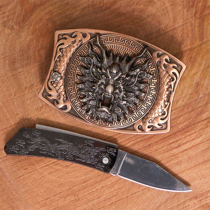 Herren DIY Rot Bronze Drache Verstecktes Klappmesser Ledergürtel