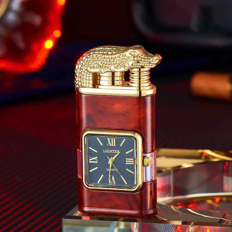 Nachfüllbares Butanfeuerzeug mit Doppelflamme und Uhr im Krokodil-Design