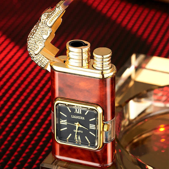 Nachfüllbares Butanfeuerzeug mit Doppelflamme und Uhr im Krokodil-Design