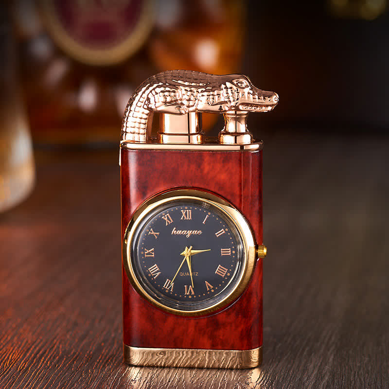 Alligato Design Nachfüllbares Butanfeuerzeug mit Doppelflamme und Uhr - Rotes Holzmuster - image 11