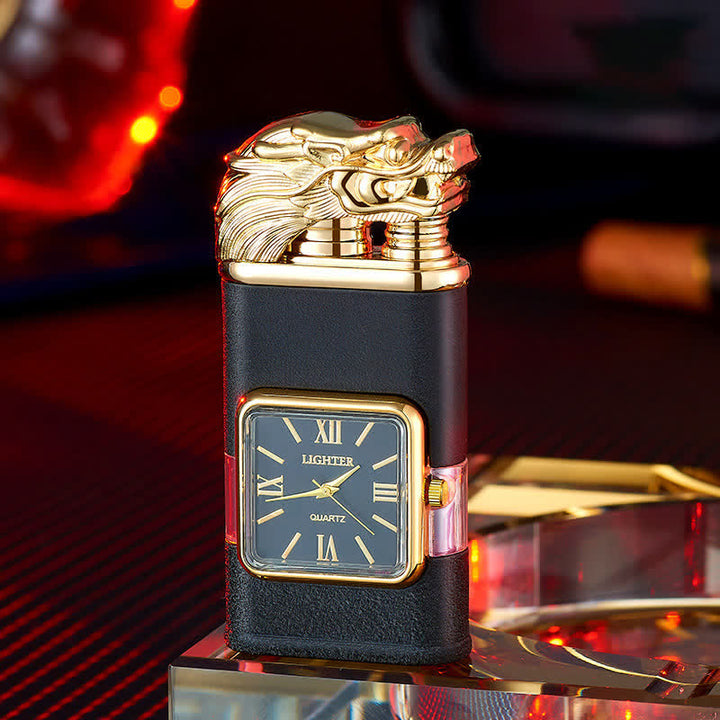Nachfüllbares Butanfeuerzeug mit Doppelflamme und Uhr im Drachendesign