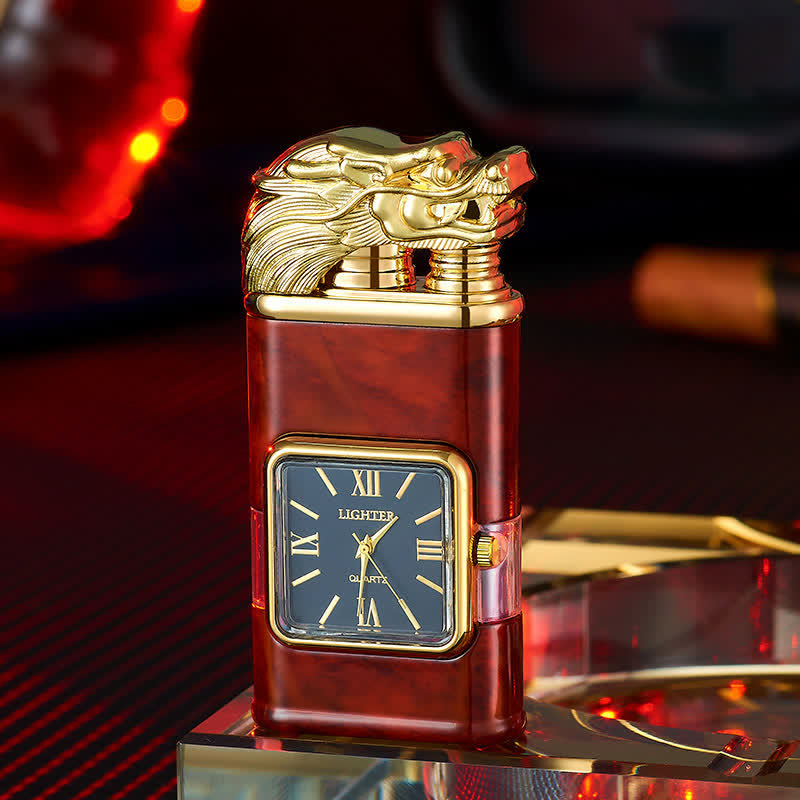 Nachfüllbares Butanfeuerzeug mit Doppelflamme und Uhr im Drachendesign