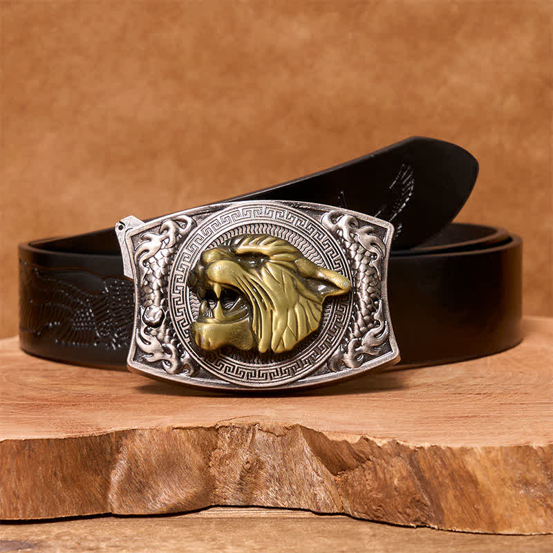 Herren DIY Tiger verstecktes Klappmesser Ledergürtel - Tiger - Schwarzer Gürtel mit geprägtem Adler - 42 - image 5