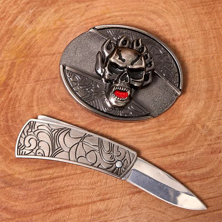 Herren DIY Flammenschädel Verstecktes Klappmesser Ledergürtel