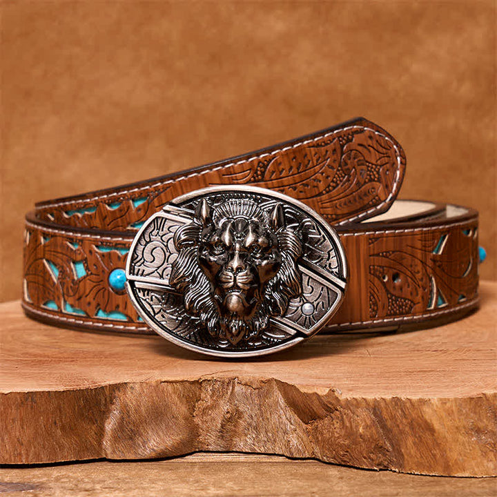 Herren DIY Lion Insignia Verstecktes Klappmesser Ledergürtel