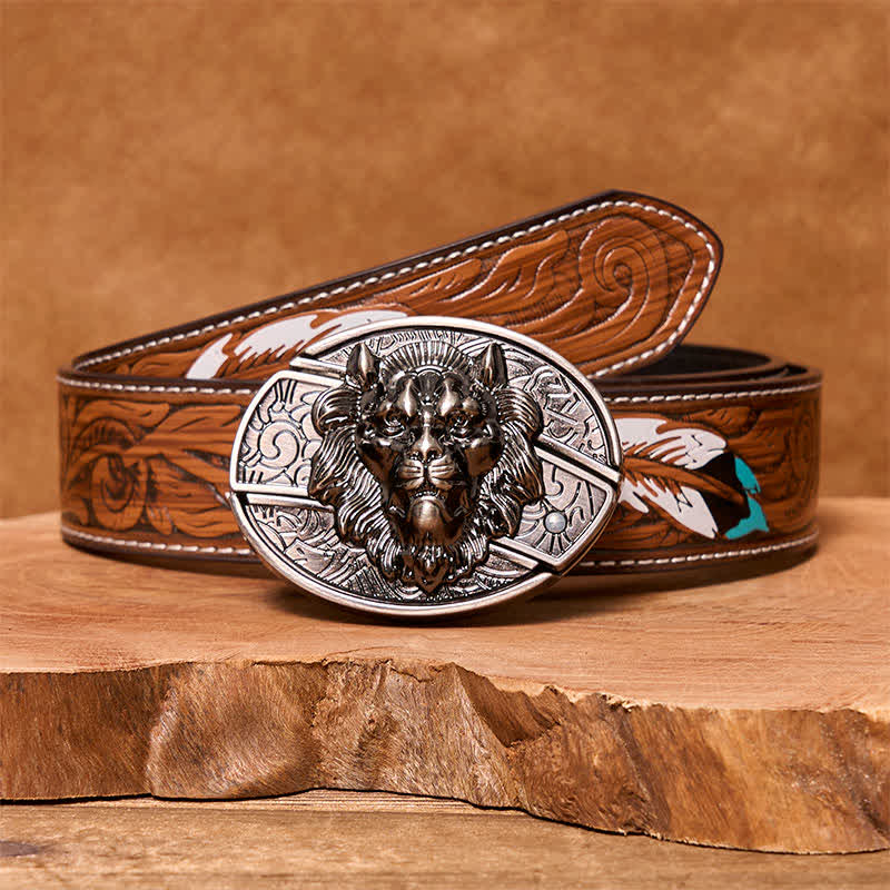 Herren DIY Lion Insignia Verstecktes Klappmesser Ledergürtel