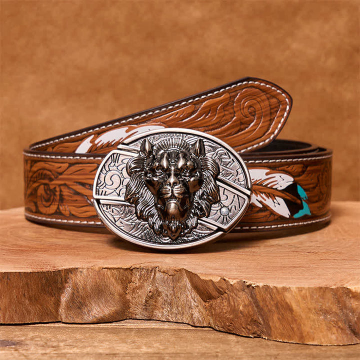 Herren DIY Lion Insignia Verstecktes Klappmesser Ledergürtel