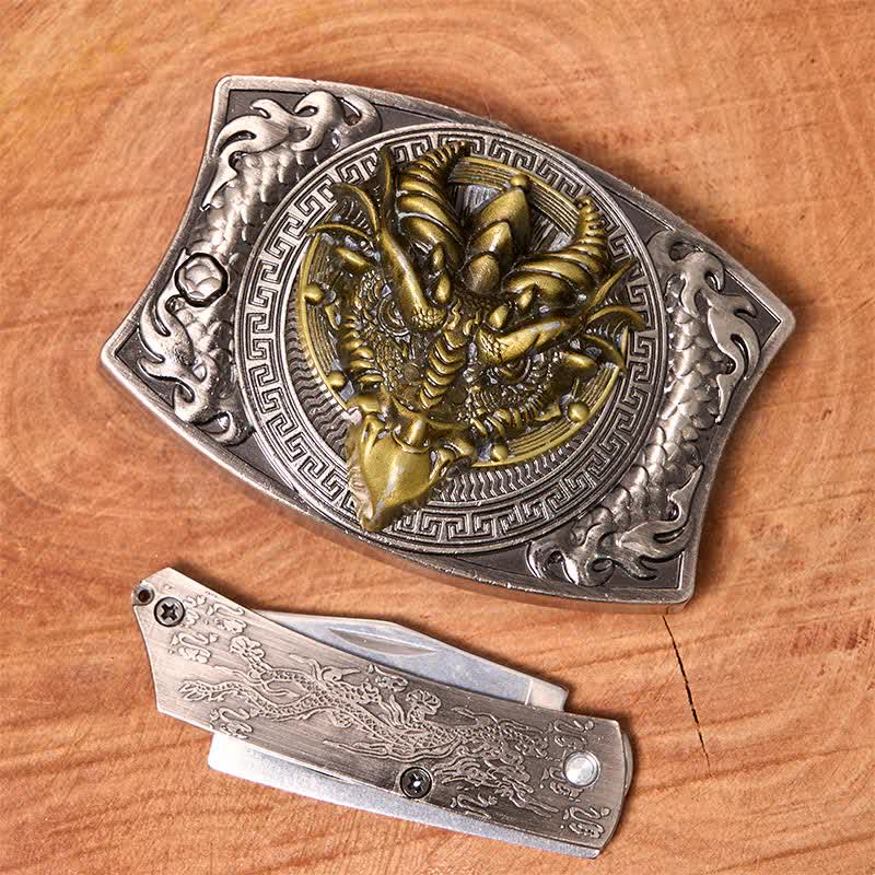 DIY-Ledergürtel mit verstecktem Klappmesser mit scharfem Schnabeldrachen für Herren