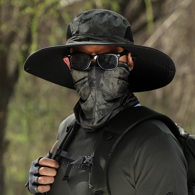 2-teiliger Fischerhut mit Camouflage-Gesichtsmaske und großer Krempe für Herren