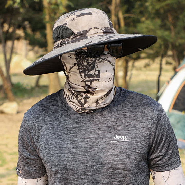 2-teiliger Fischerhut mit Camouflage-Gesichtsmaske und großer Krempe für Herren