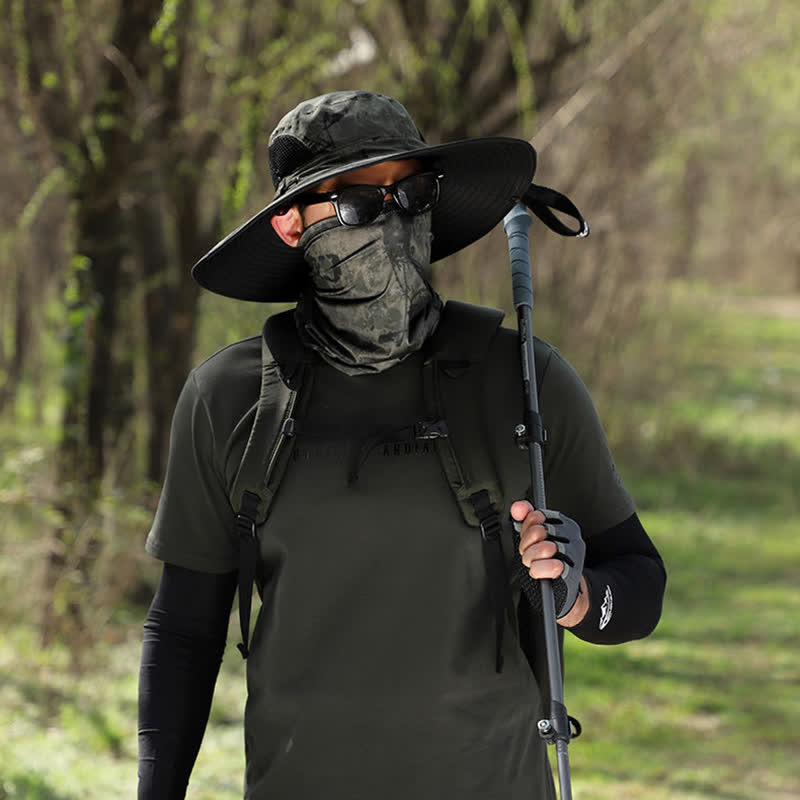 2-teiliger Fischerhut mit Camouflage-Gesichtsmaske und großer Krempe für Herren