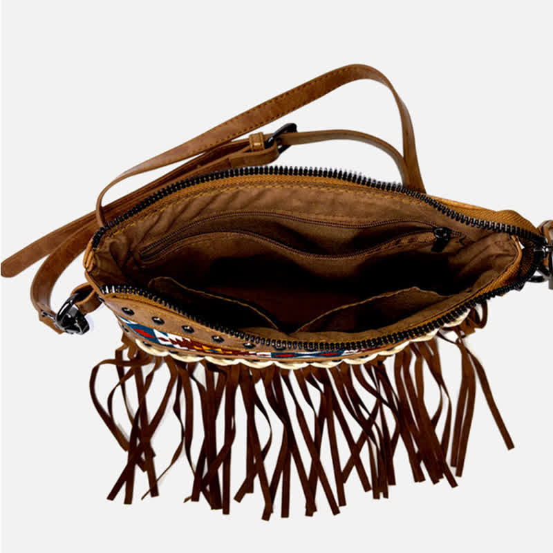 Damen Umhängetasche mit blauem Azteken-Fransenmuster im Western-Stil