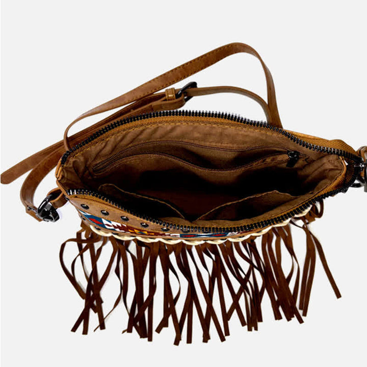 Damen Umhängetasche mit blauem Azteken-Fransenmuster im Western-Stil