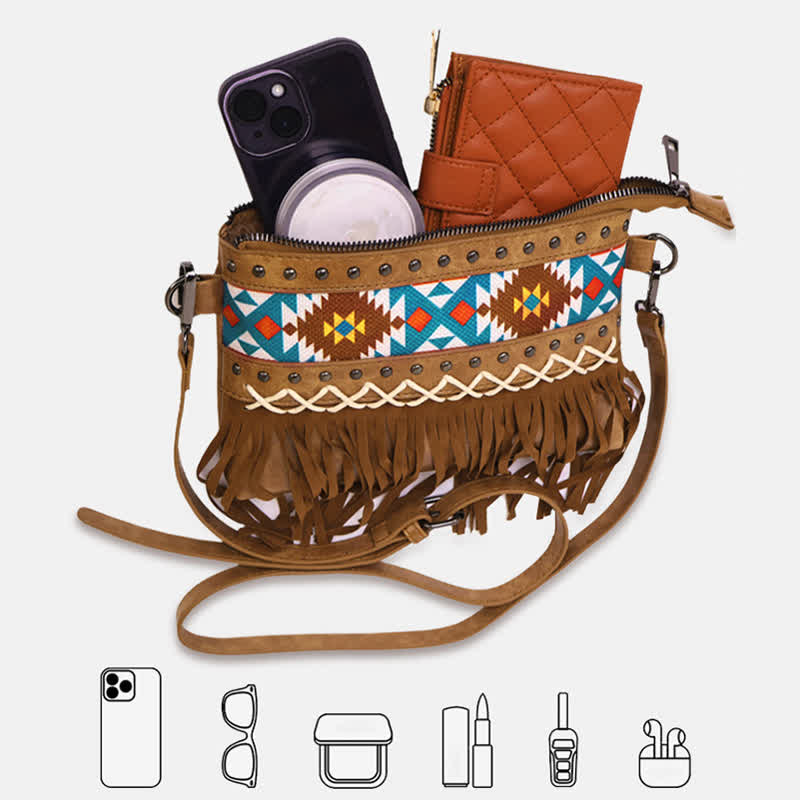 Damen Umhängetasche mit blauem Azteken-Fransenmuster im Western-Stil